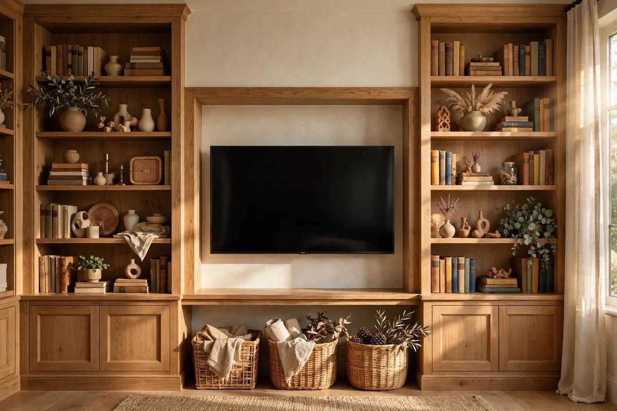 Television framed by full styled built-in bookshelves