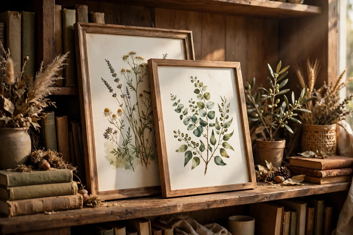 Layered framed prints leaning on a bookshelf
