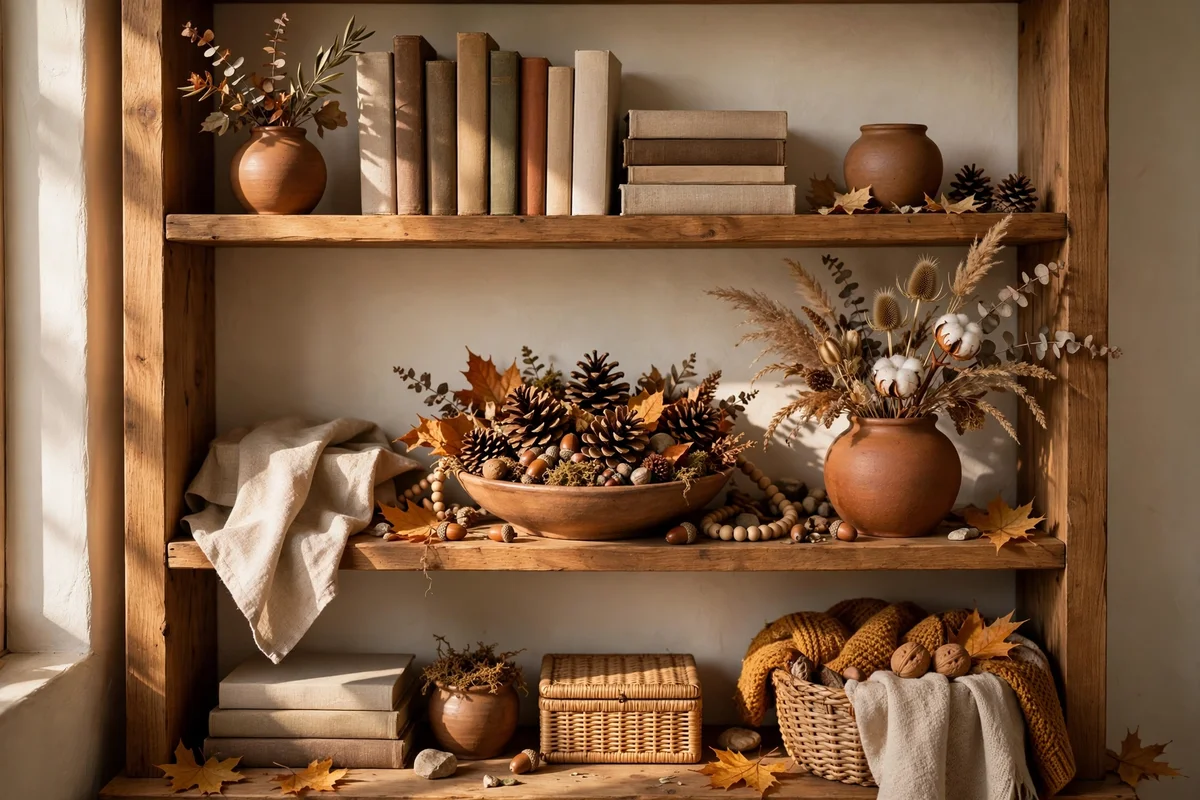 Seasonal autumn objects styled on a bookshelf