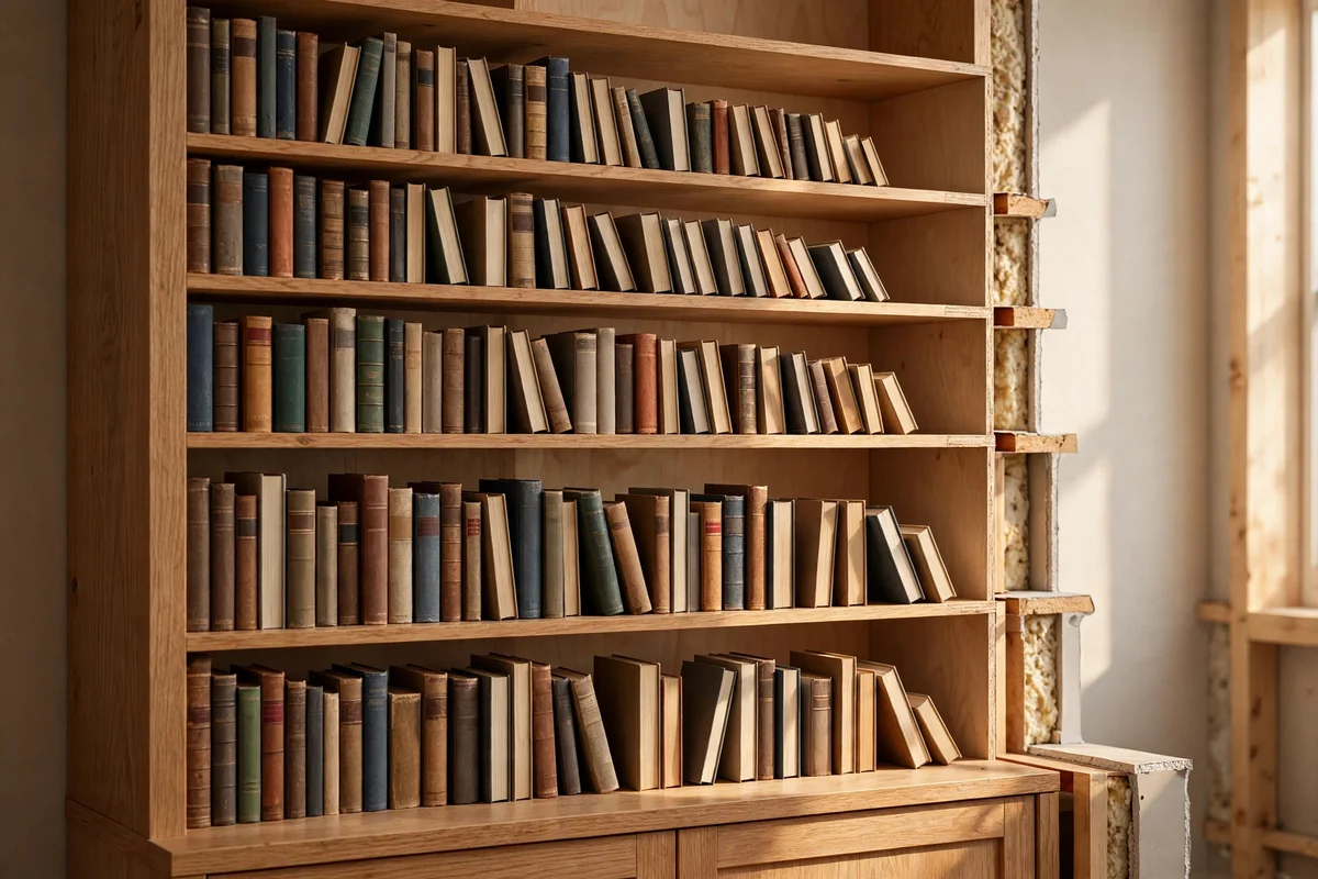 Books pulled forward on properly deep bookshelves