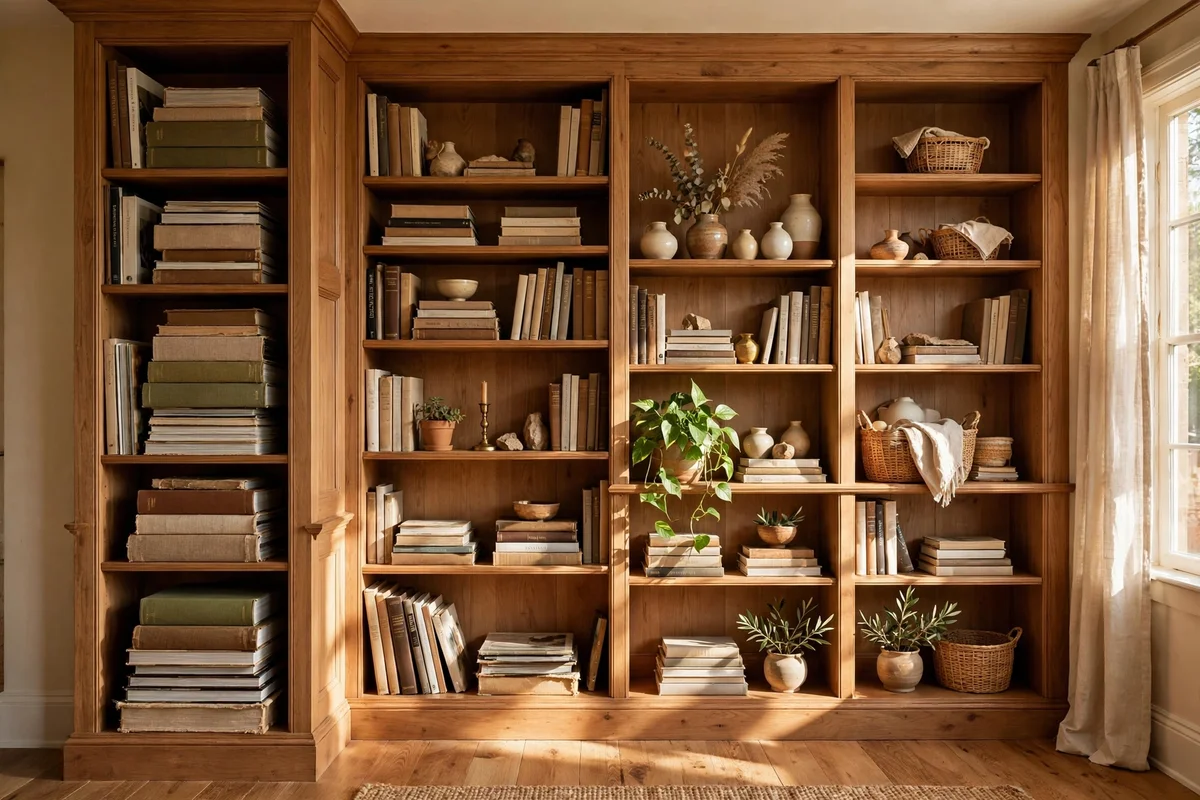 Bookcase with varied shelf spacing and a tall bay for art books