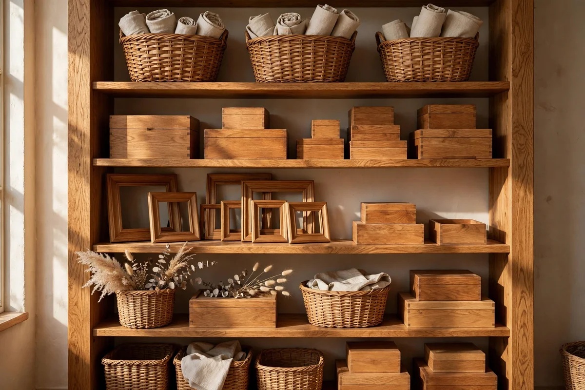 One wood tone repeated through baskets and frames