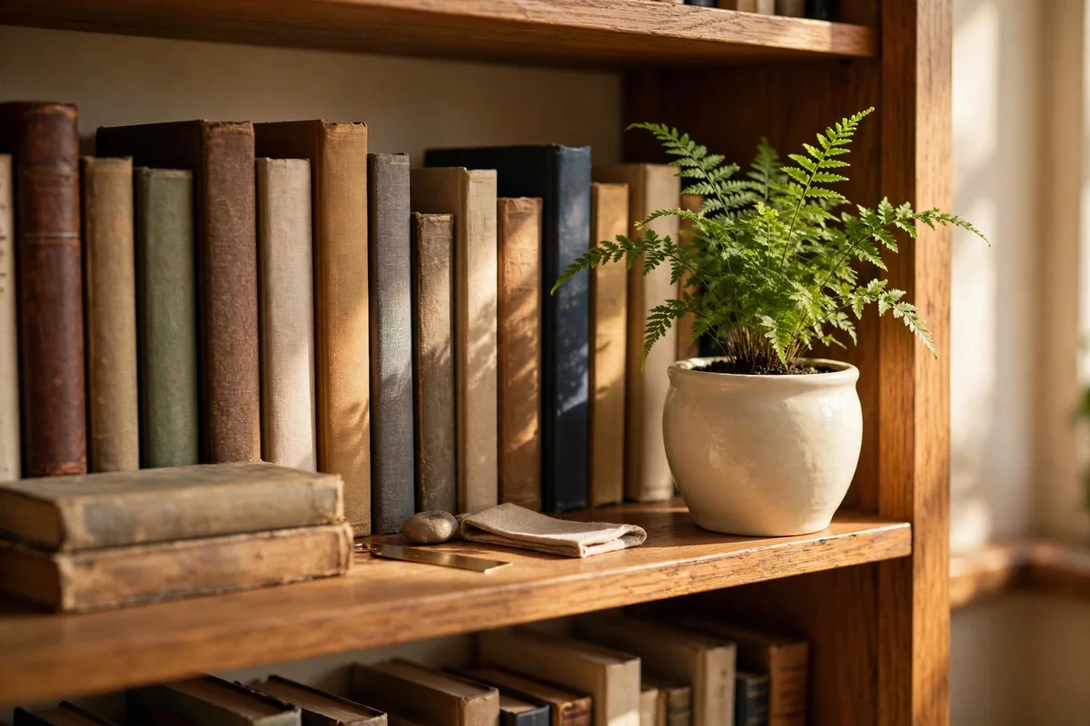 Small potted plant softening the end of a bookshelf