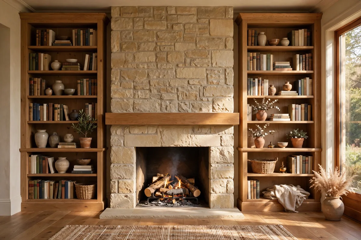 Shelves aligned with the fireplace mantel height