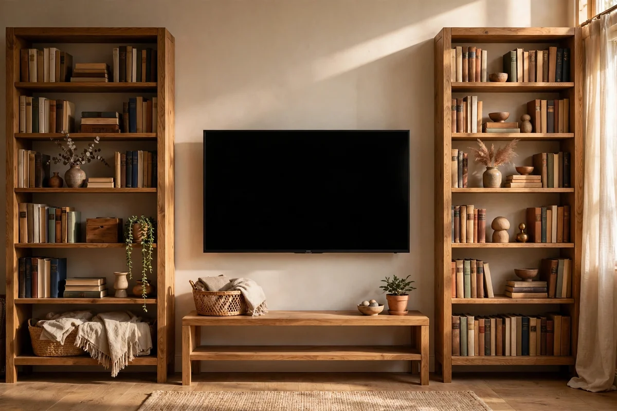Clear measured gap around a television between shelves