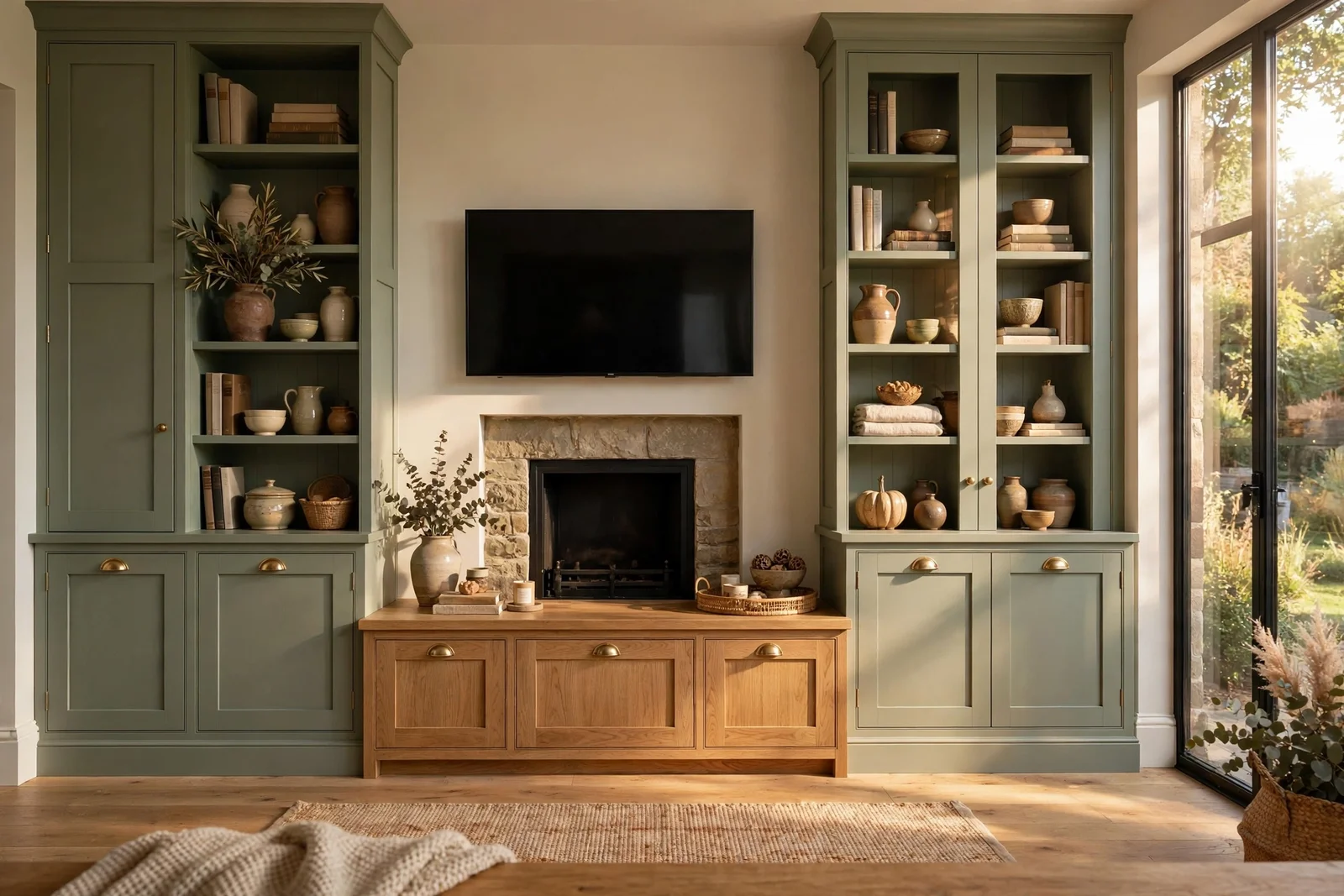 Sage green shaker built in cabinets with bookcases flanking a fireplace in a warm living room