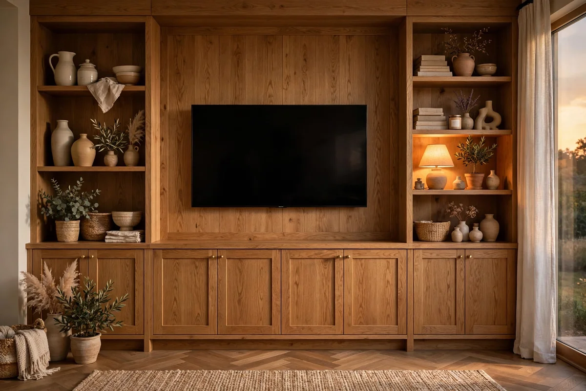 Media wall with deep closed storage cabinets below a television in a warm living room