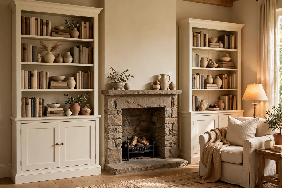 Symmetrical cream shaker bookcase towers flanking a fireplace with styled shelves