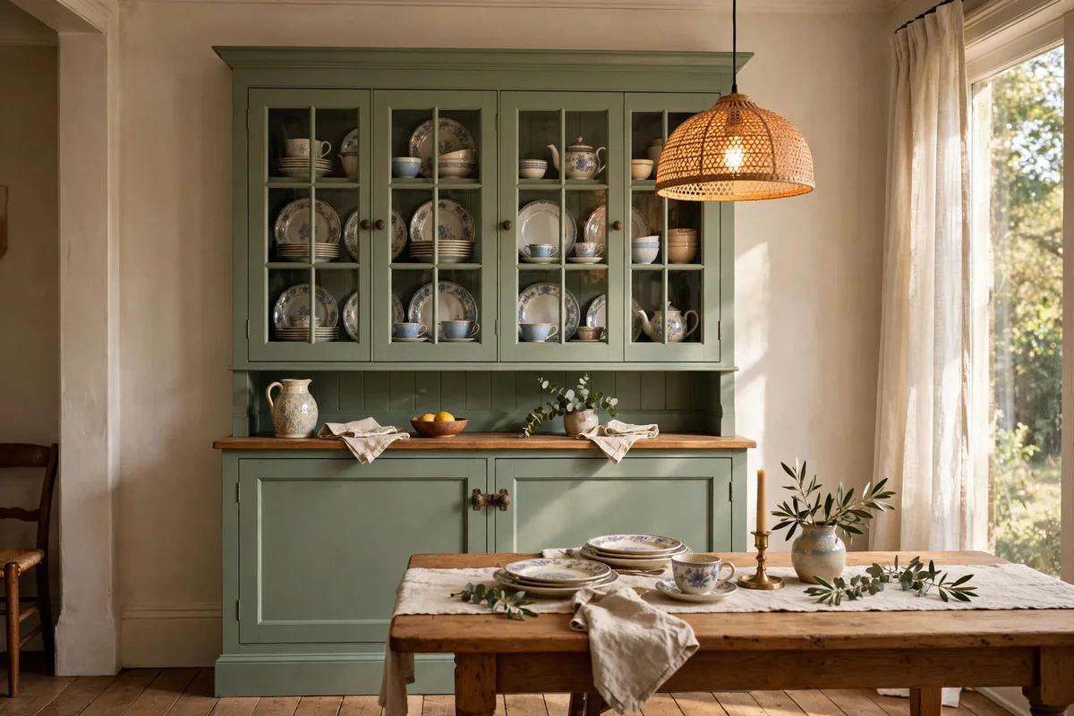 Sage green dining room serving cabinet with a tall glazed crockery hutch