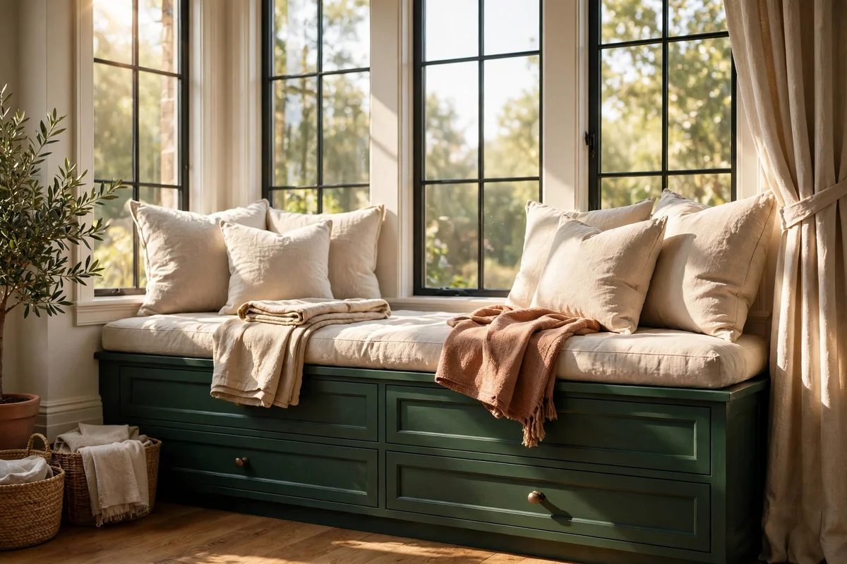 Window seat base with deep drawers and linen cushions in a bright family room