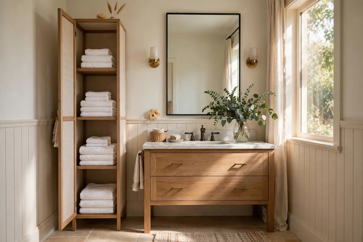 Tall slim bathroom linen tower with folded towels beside a vanity