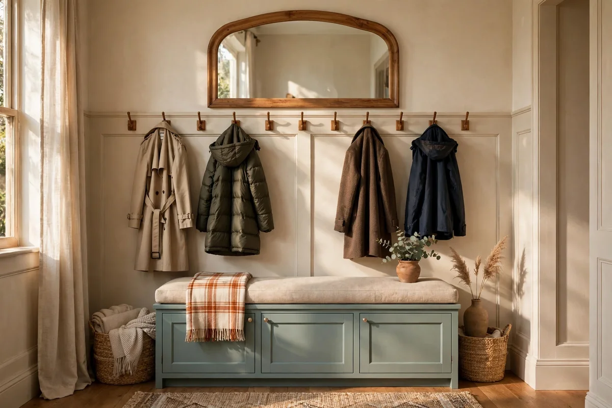 Hallway drop zone cabinet with bench, hooks and closed shoe storage