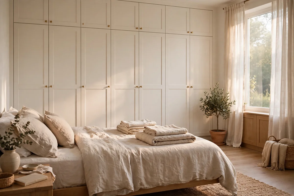 Floor to ceiling wardrobe wall in warm white in a calm bedroom
