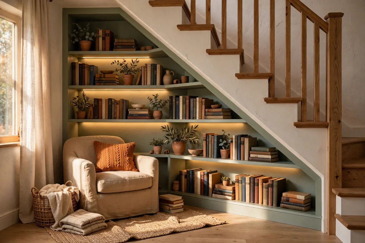 Under stairs reading alcove cabinet with lit shelves and books