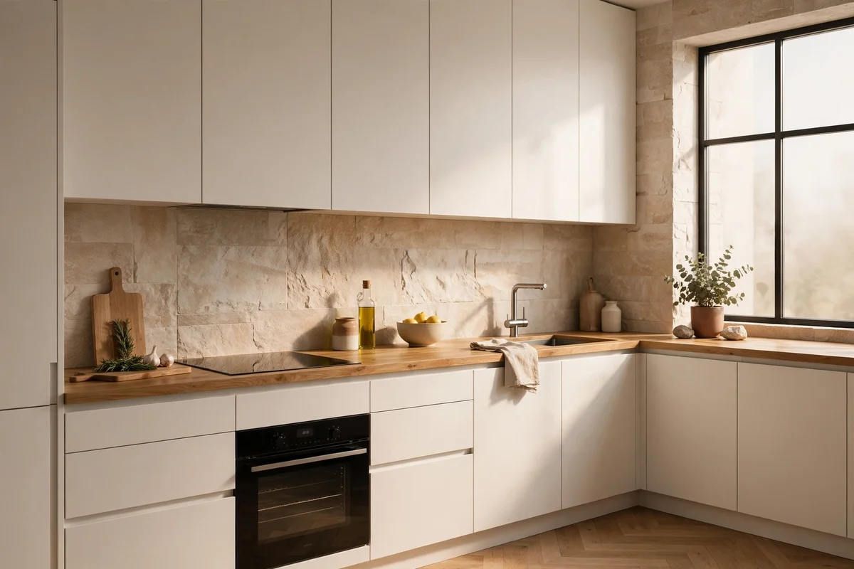 Modern kitchen with flat front slab cabinet doors and an oak worktop