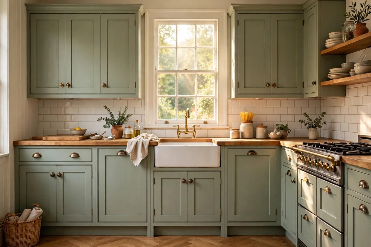 Classic shaker five panel cabinet doors in soft sage with brass cup pulls