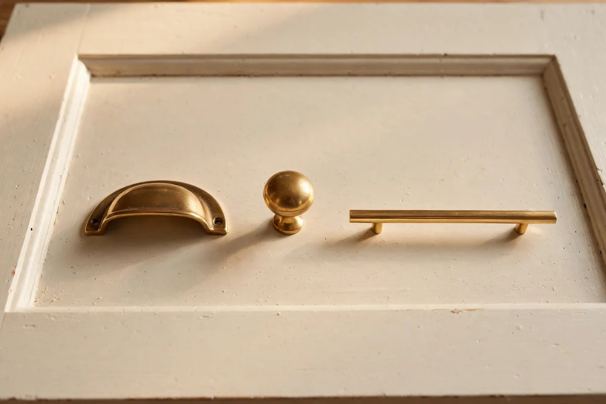 Cabinet hardware comparison: cup pull, round knob and bar handle on a drawer