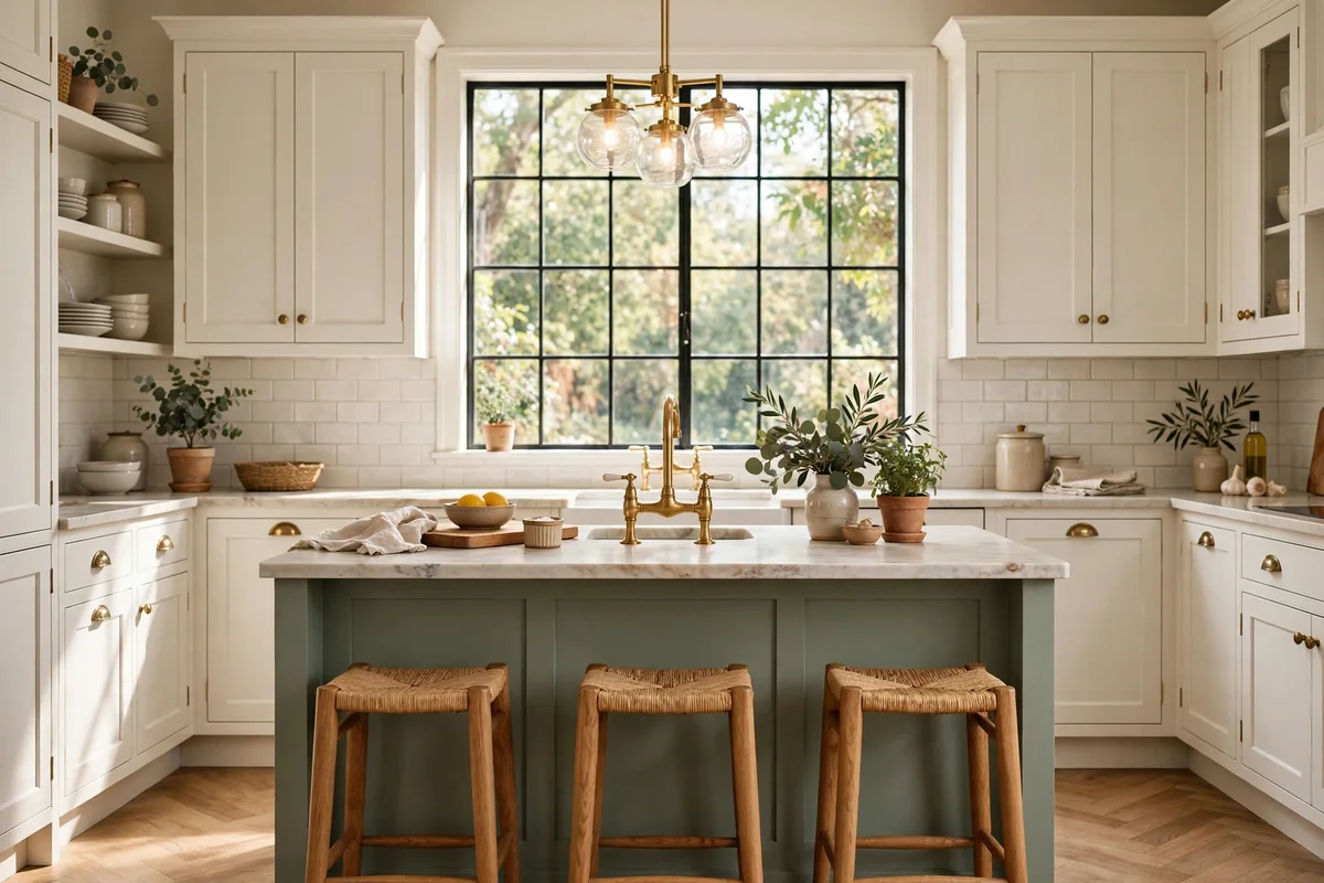 Warm white kitchen cabinets with a contrasting sage green island