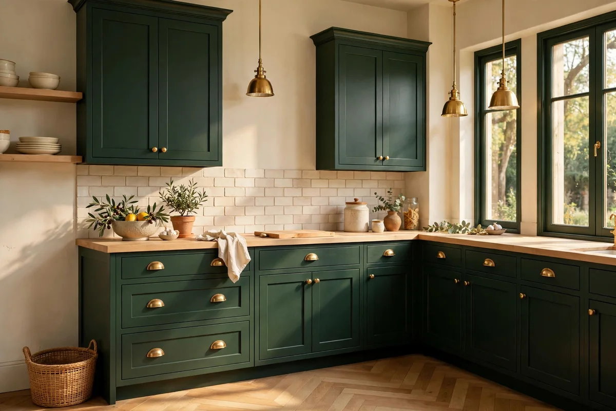 Deep forest green painted cabinets with brass handles and a pale oak worktop