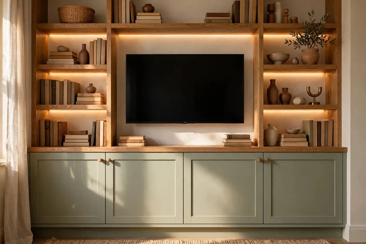 Television framed by open shelves above and closed cabinets below