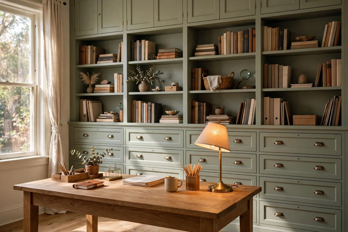 Home office wall with full height filing cabinets and an oak desk