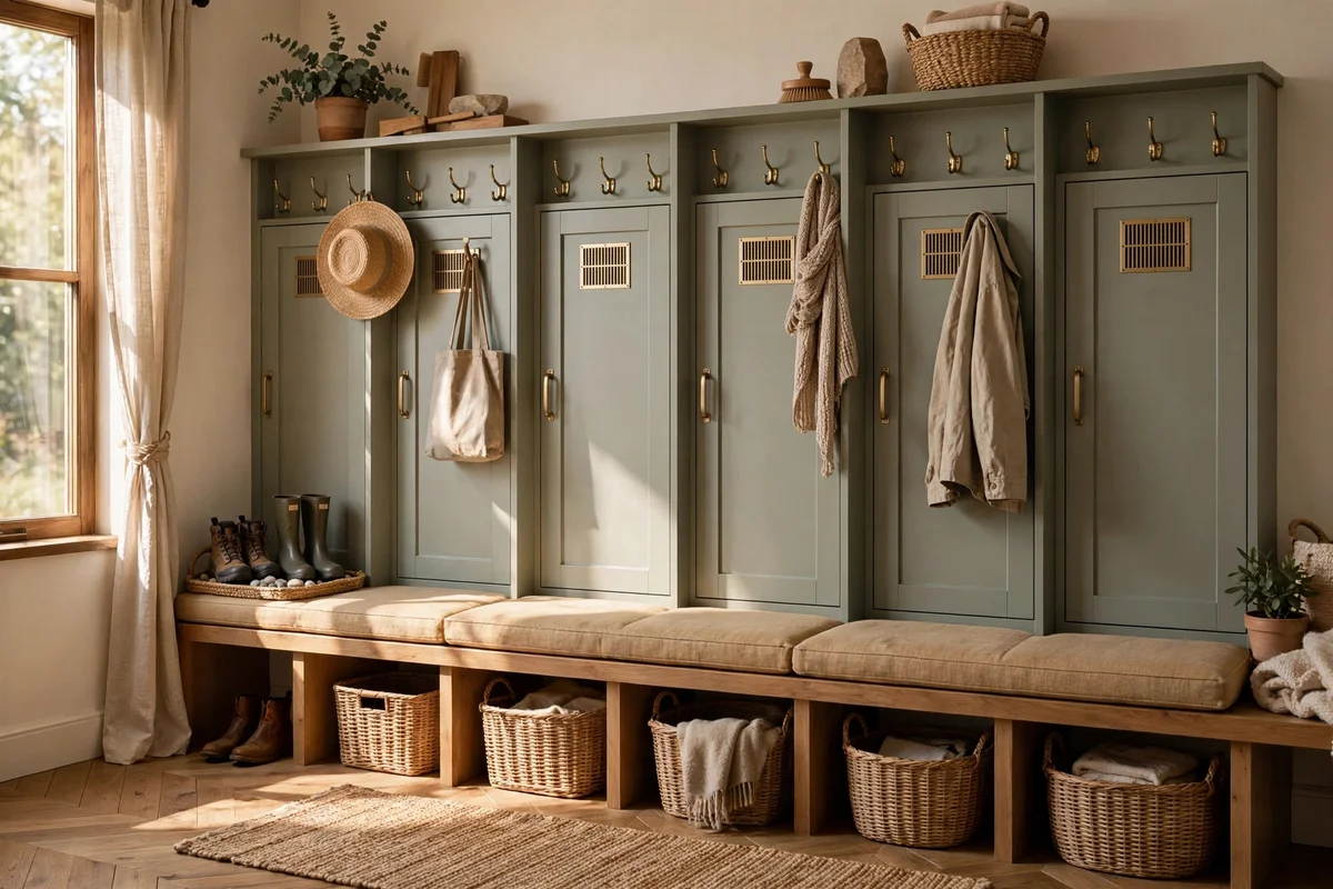 Mudroom locker bank with one cabinet bay per family member
