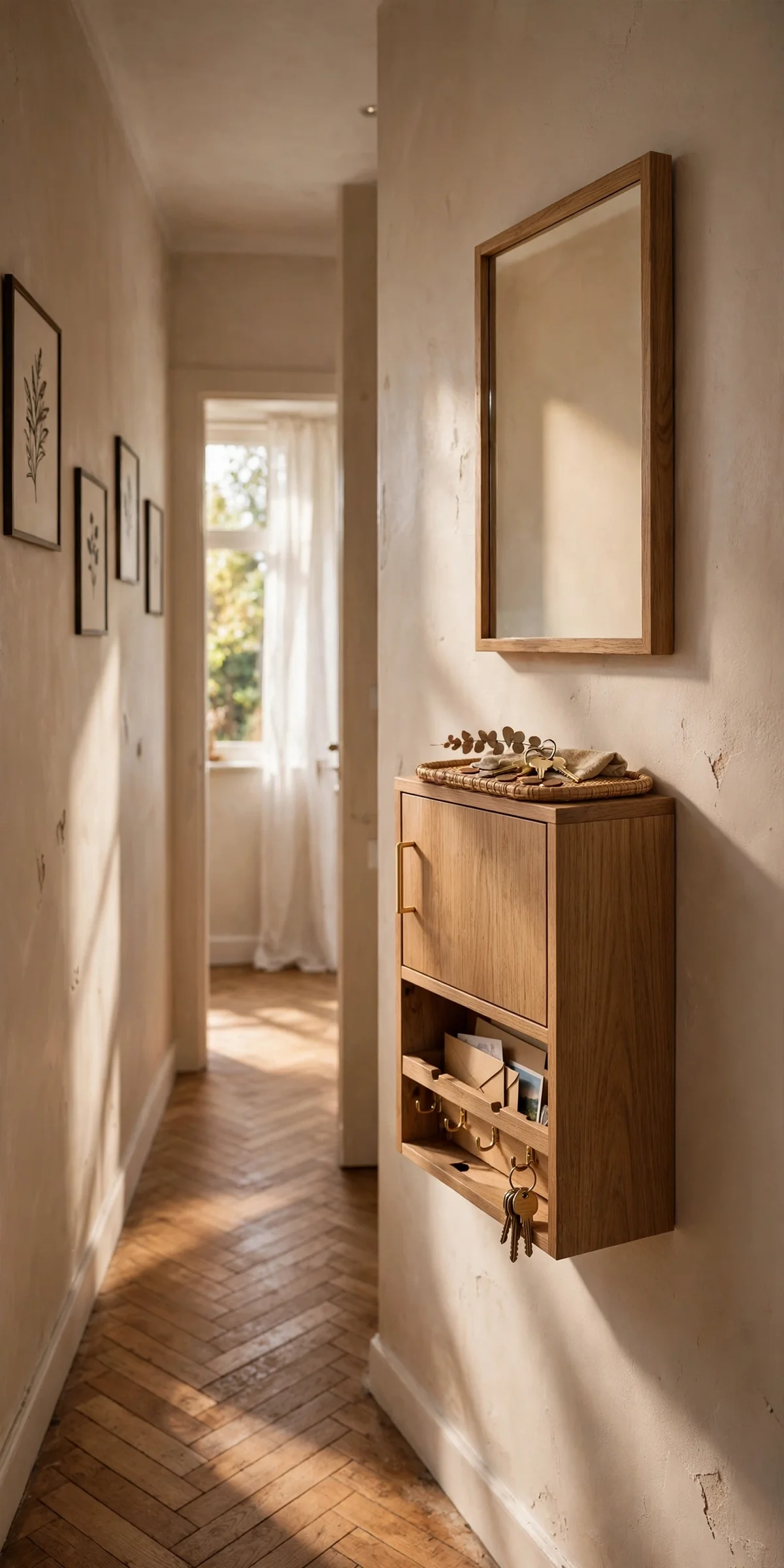 Slim 25 cm deep hallway cabinet for keys and post by the front door