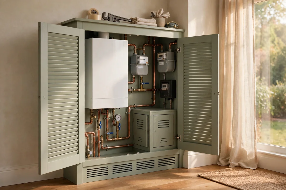 Ventilated utility cabinet hiding a boiler and meters with louvred doors