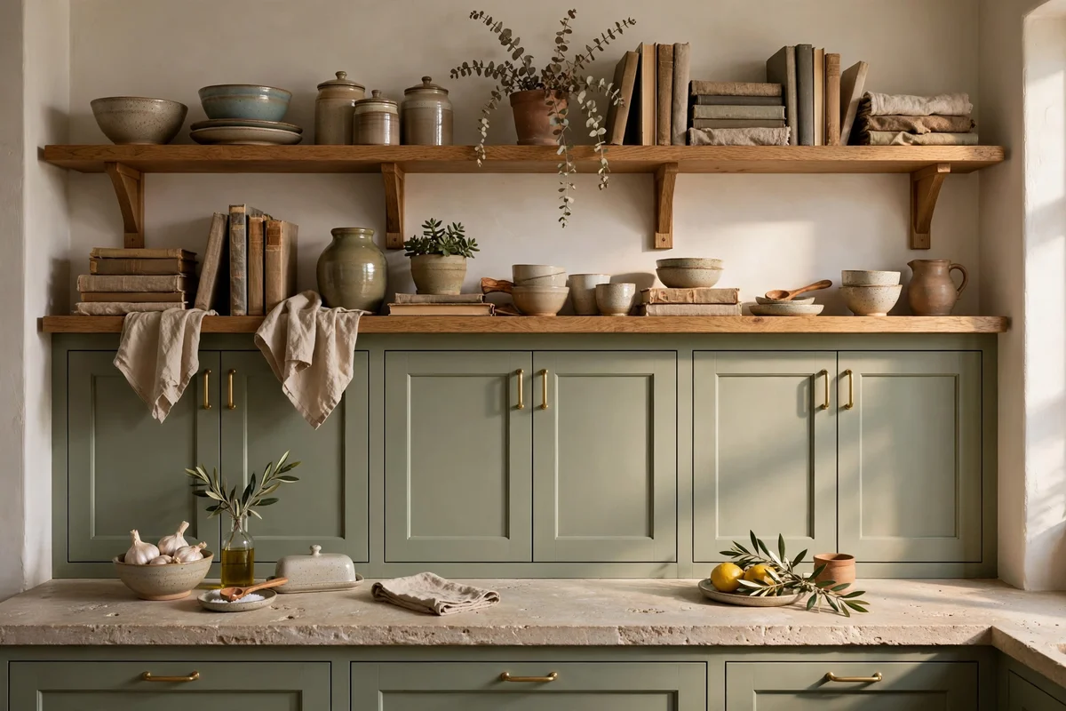 Open oak shelves above closed cabinets with styled ceramics in a kitchen