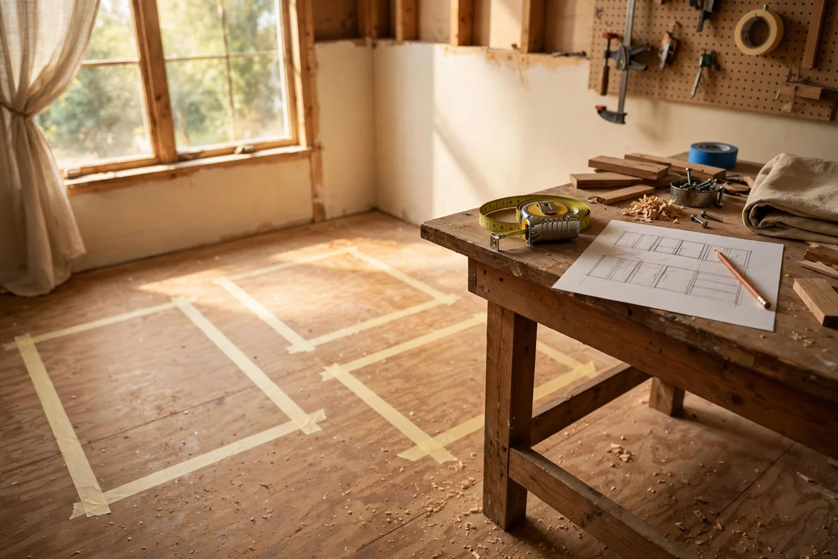 Cabinet layout marked with painter's tape and a tape measure on the floor