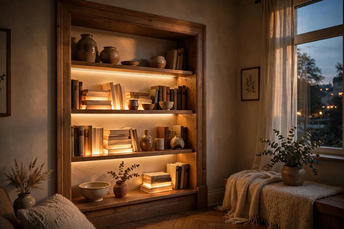 Alcove cabinet glowing with warm LED strip lighting under the shelves