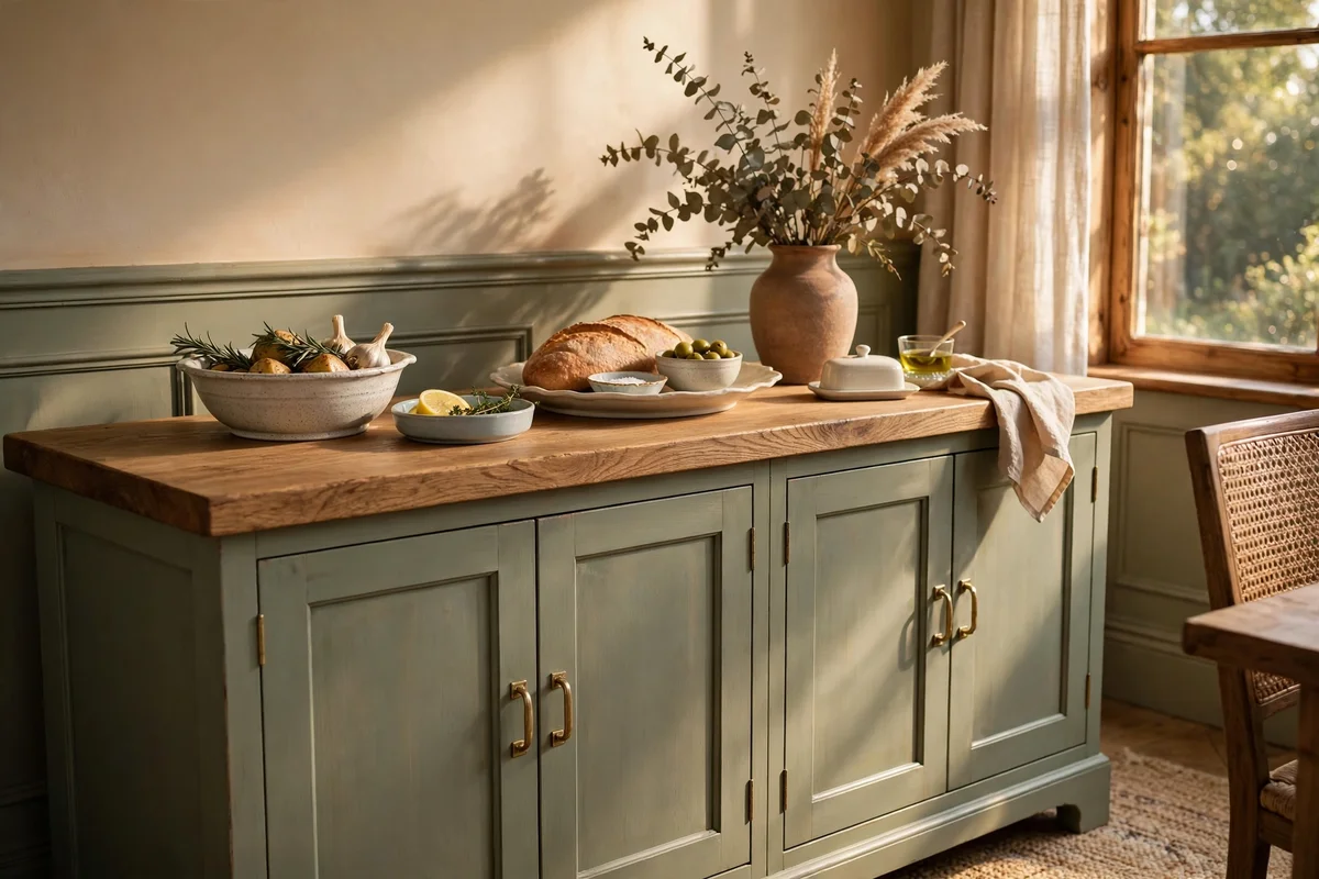 Low painted cabinets topped with a thick oak worktop used as a serving surface