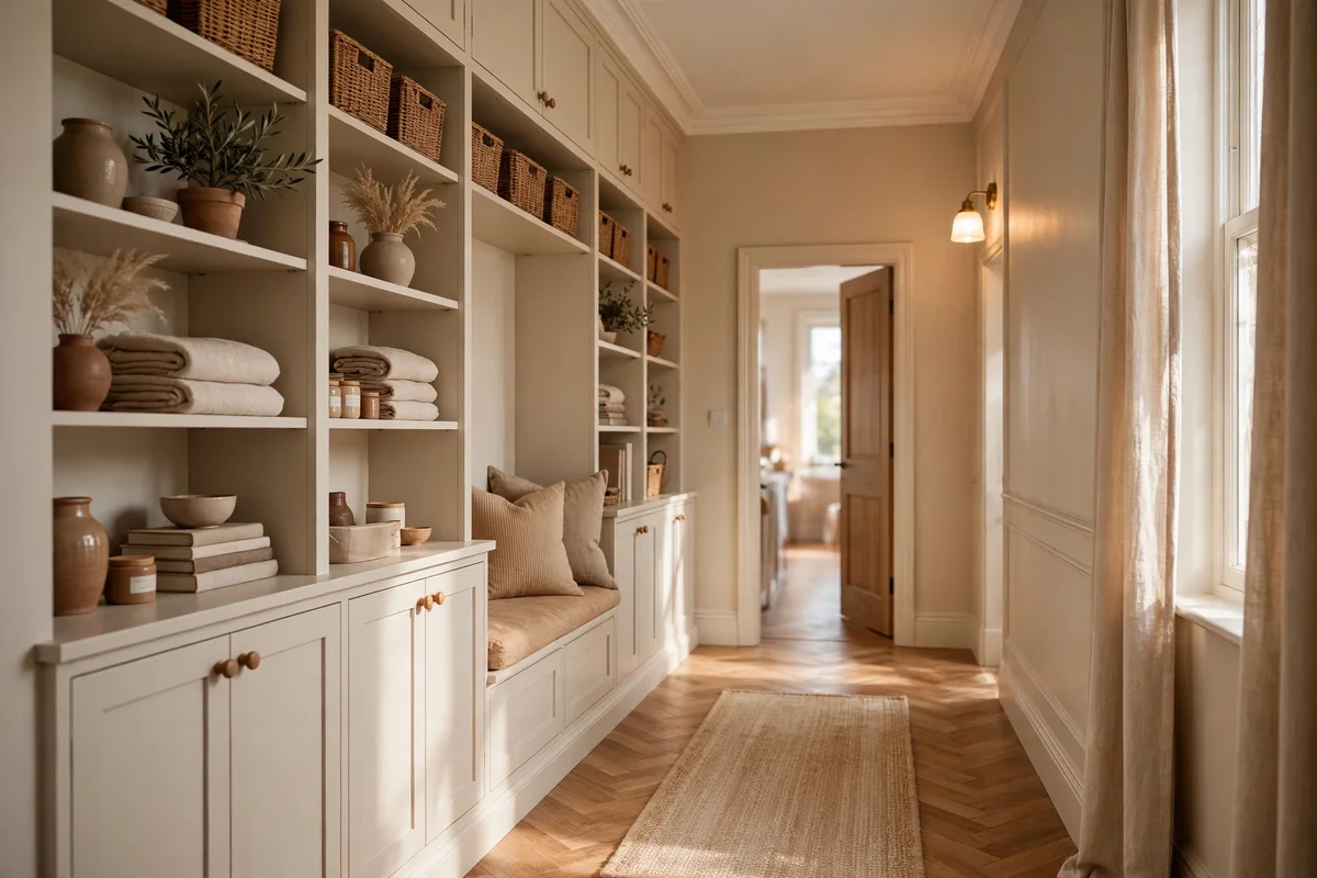 Completed built in storage wall in a finished hallway with warm light