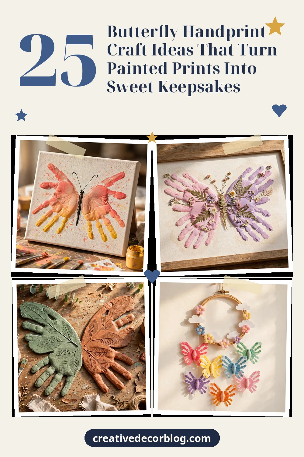 Pinterest pin with a grid of butterfly handprint craft photos and the title 25 Butterfly Handprint Craft Ideas That Turn Painted Prints Into Sweet Keepsakes