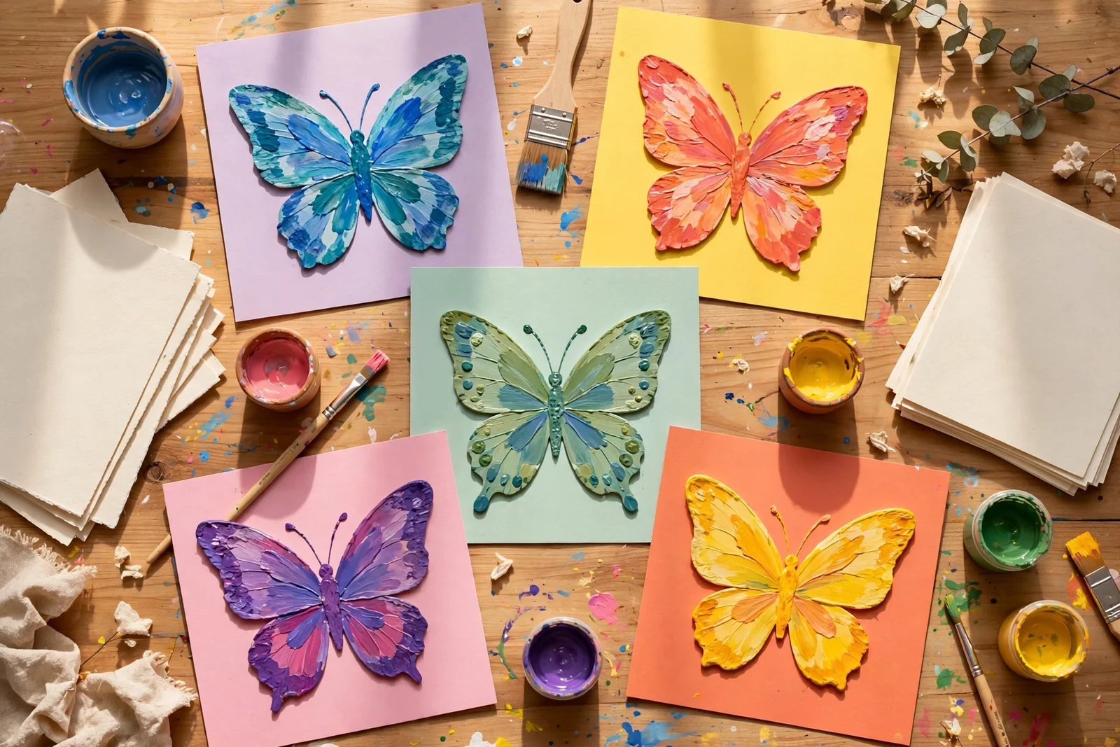 Flat lay of finished butterfly handprint artworks in bright colours with paint pots and brushes on a craft table