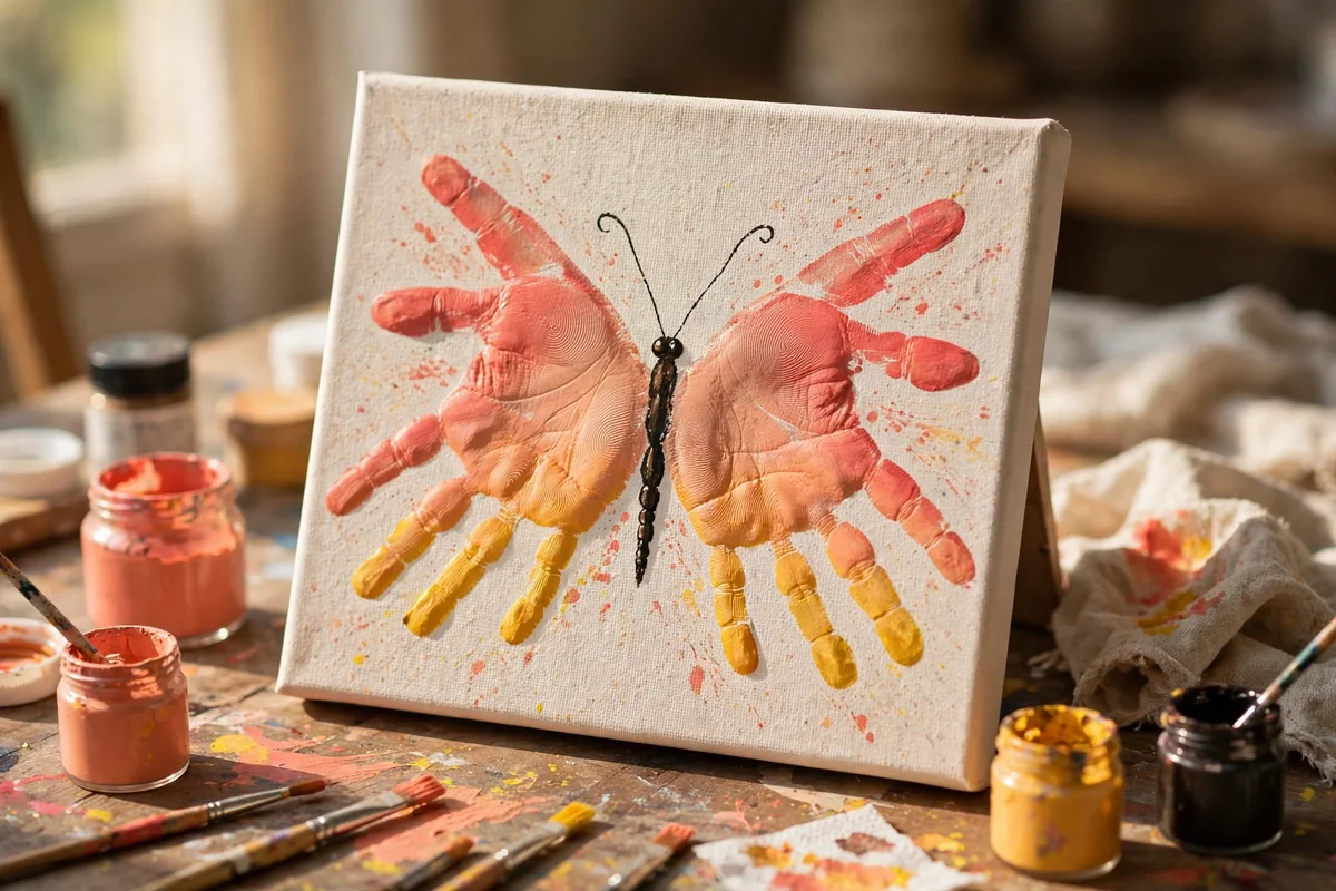 Finished handprint butterfly painting in a sunrise gradient of coral, peach and gold on canvas