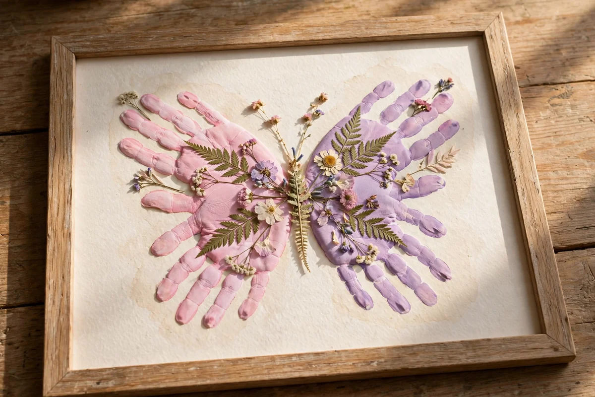 Framed pastel handprint butterfly artwork decorated with tiny pressed flowers and fern leaves