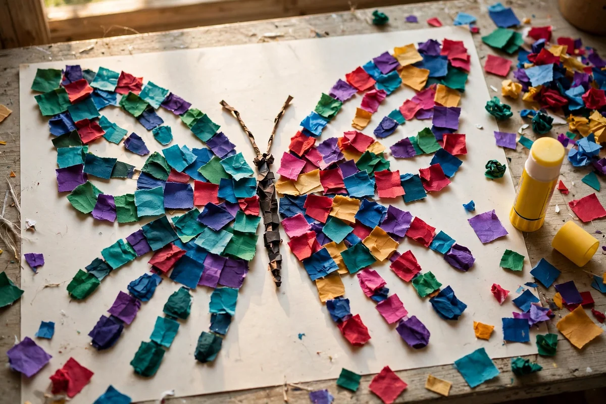 Finished handprint butterfly artwork covered in a mosaic of torn tissue paper squares