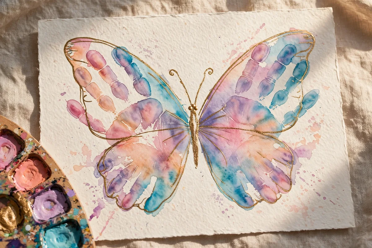 Finished watercolour handprint butterfly with soft blended washes and fine gold edging