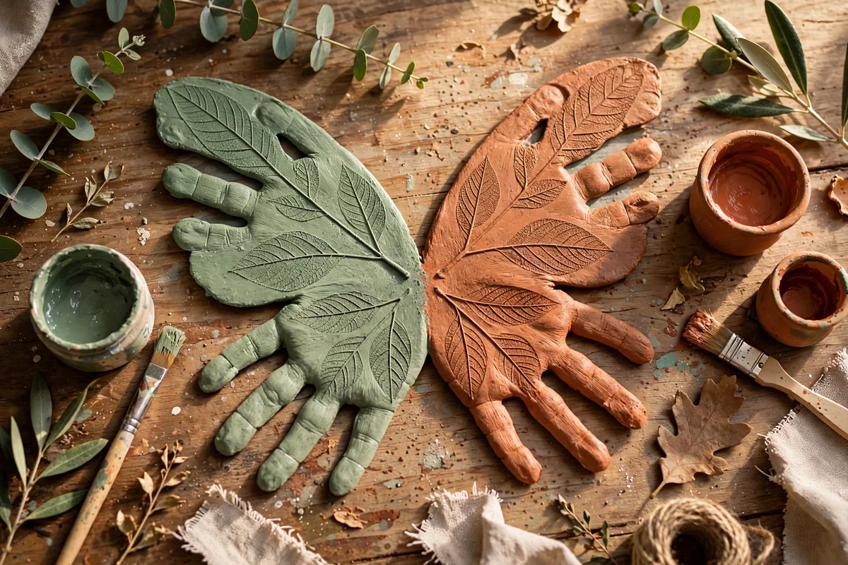 Finished handprint butterfly in sage and terracotta with leaf vein patterns stamped across the wings