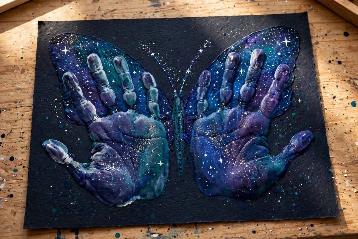 Finished galaxy handprint butterfly with navy, purple and teal wings speckled with tiny stars