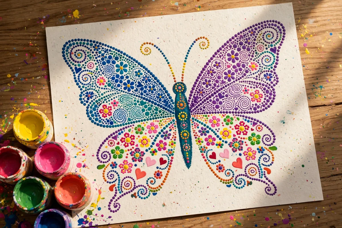 Finished handprint butterfly decorated with fingerprint dot flowers and swirls across the wings