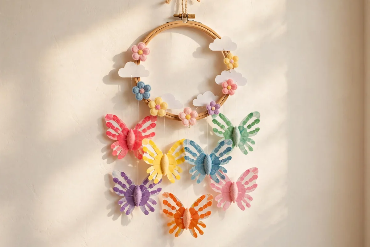 Finished hanging mobile of colourful handprint butterflies suspended from a wooden embroidery hoop