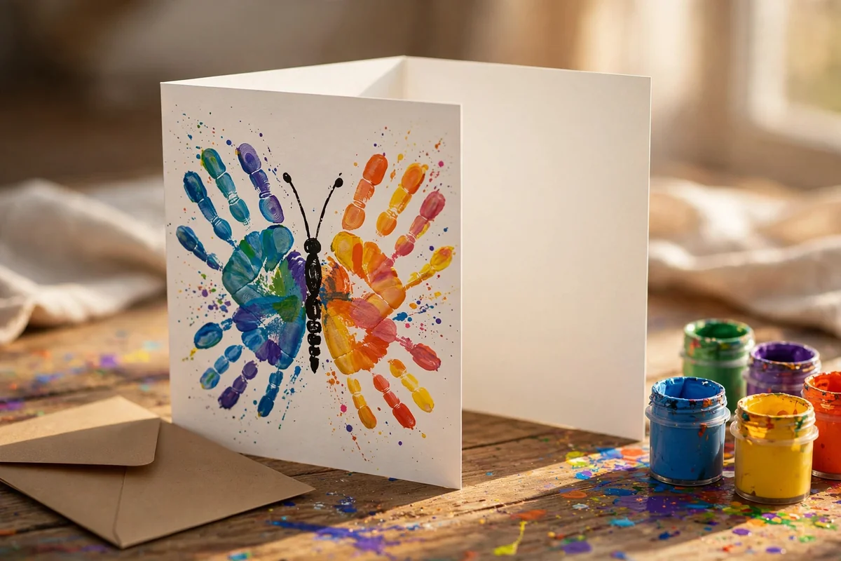 Finished folded greeting card decorated with a colourful handprint butterfly on the front