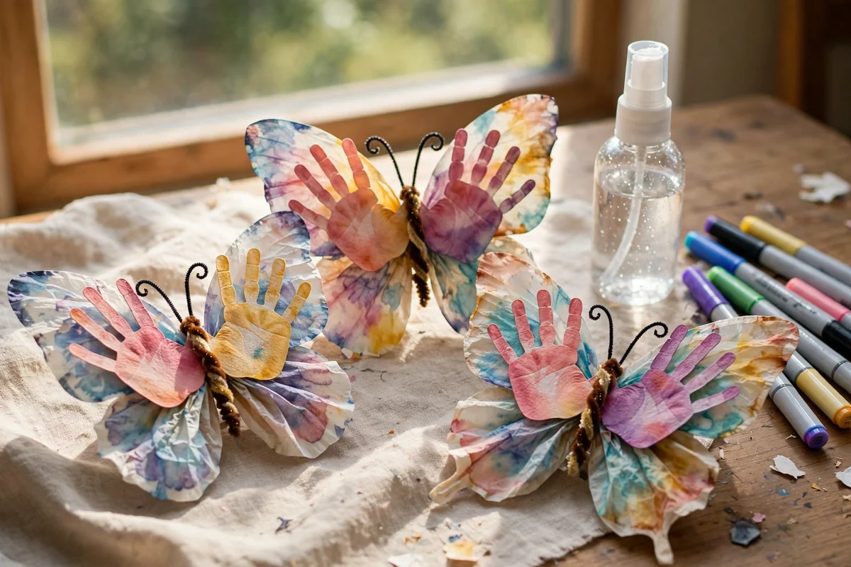 Finished butterfly crafts with handprint cut-outs layered over dyed coffee filter wings