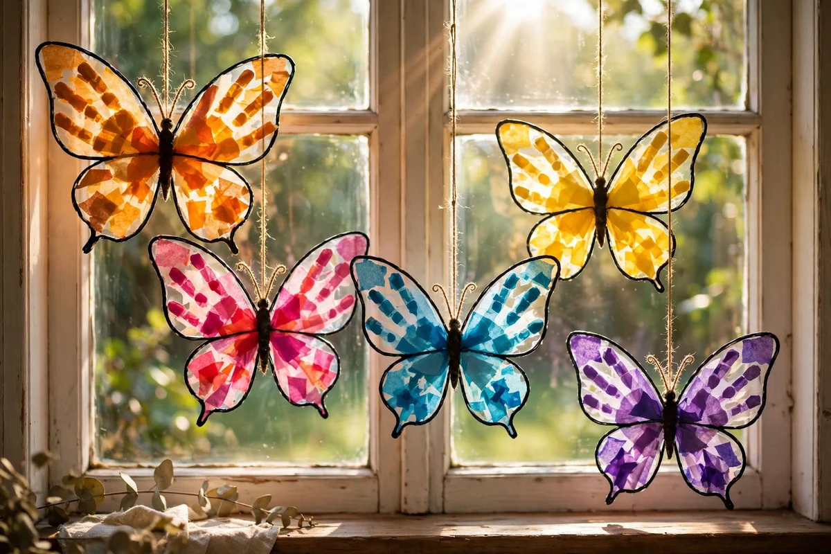Finished translucent butterfly sun catchers glowing in a bright window