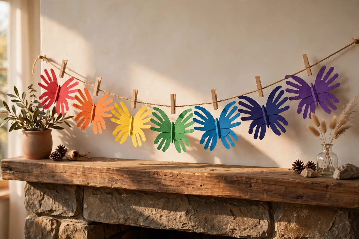 Finished garland of handprint butterflies in rainbow order pegged along twine across a mantel