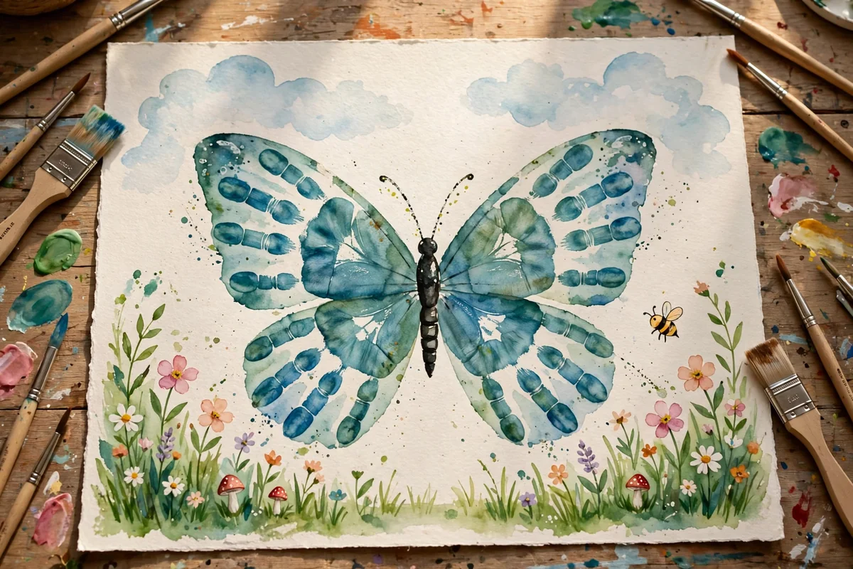 Finished handprint butterfly artwork set in a painted spring garden scene with flowers and grass
