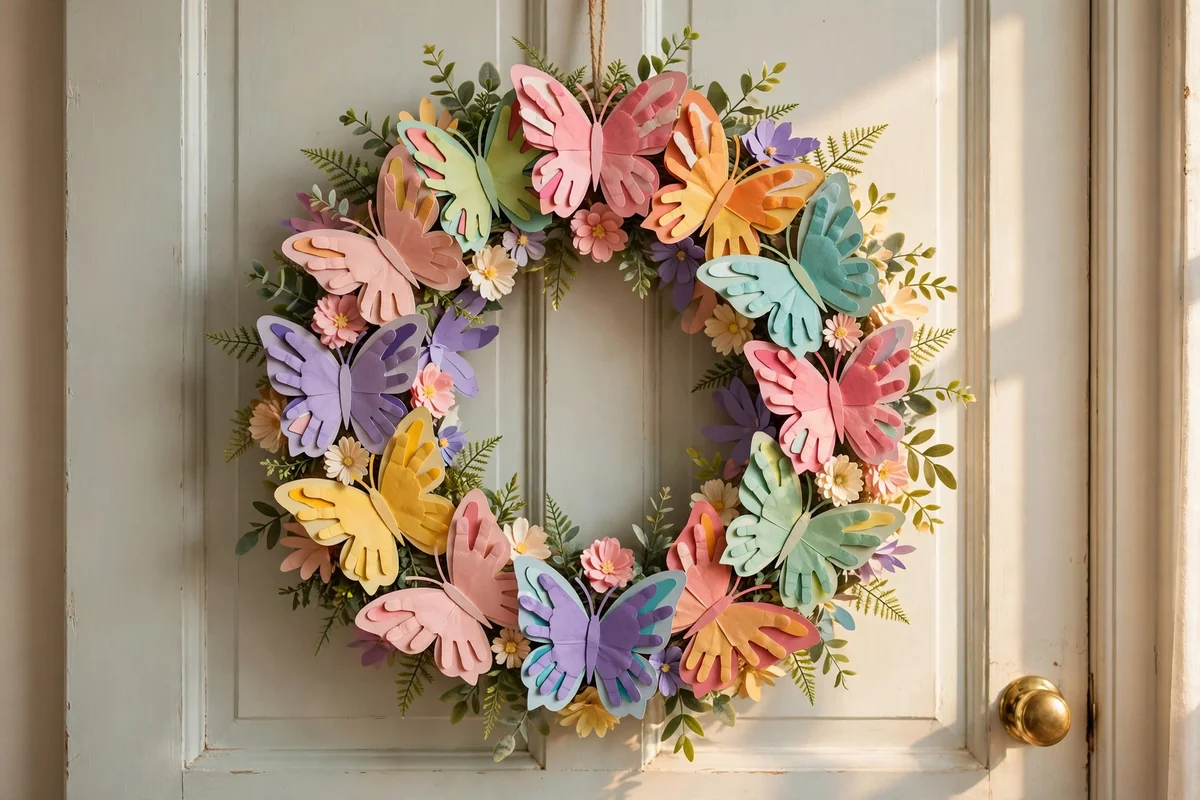Finished wreath covered with layered handprint butterflies and paper flowers on a door