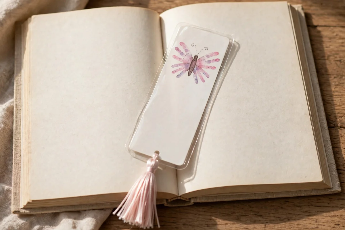 Finished laminated bookmark topped with a small handprint butterfly resting on an open book